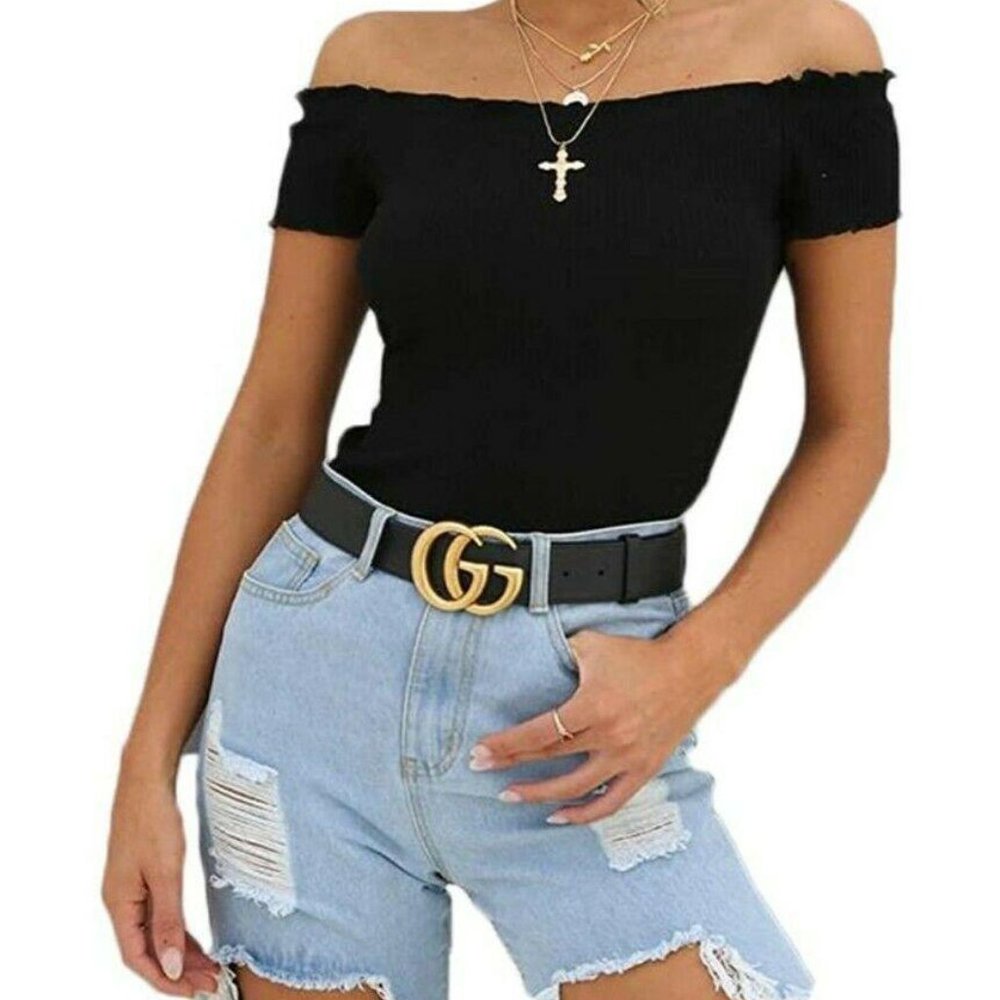 HAOLA Black Off the Shoulder Short Sleeve Stretch